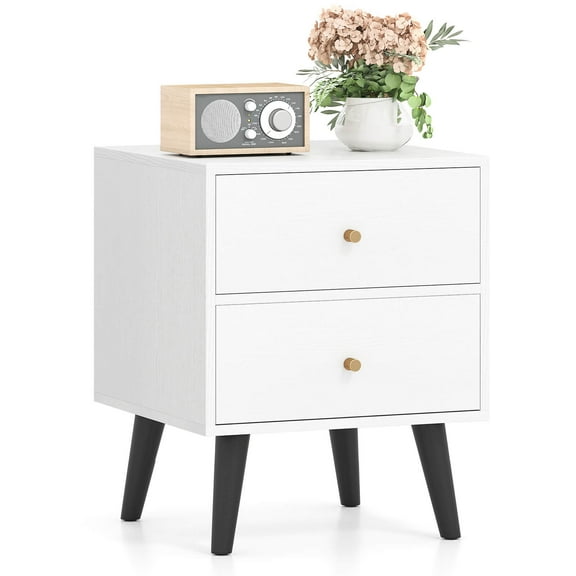 Costway Nightstand with 2 Drawer with Storage, Small Accent Table with Golden Knobs