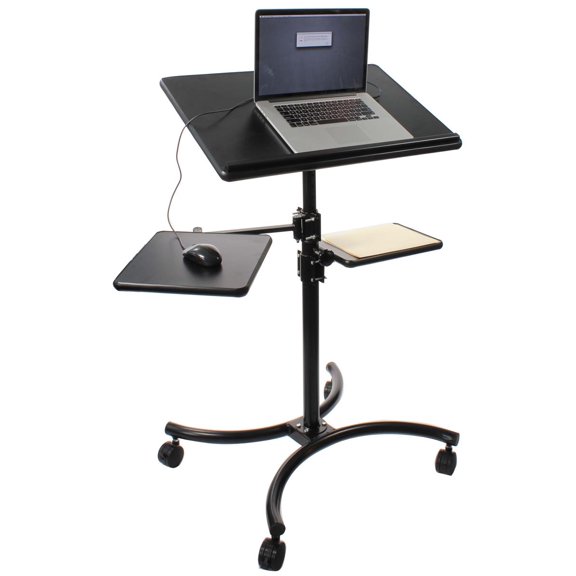 Height Adjustable Matte Black Finish Laptop Stand With 2 Additional Shelves, Tilting 28 x 18-Inch Workspace, Locking Casters, Contemporary Curved Base Design, 32 x 25 x 55-Inch (LW28S2)