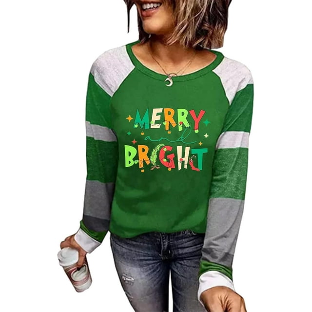 T-Shirt de Baseball à Blocs de Couleur pour Femmes Noël Décontracté à Manches Longues