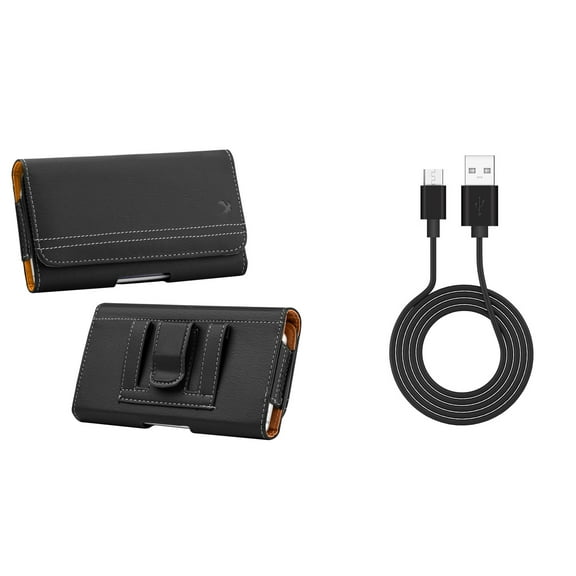 Bemz Accessory Bundle for Alcatel TCL LX, 1X Evolve, idealXTRA - PU Leather Belt Holster Card Slot Carry Case (Black) with Durable Fast Charge/Sync Micro USB Charger Cable (3.3 Feet) and Atom Cloth