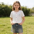 thumbnail image 3 of Auroural Girls' Summer Dress Round Neck Short Sleeved T-Shirt Baby Bow Embroidery Color Blocked Top Girls Clothes 7-8 Shirts, 3 of 6
