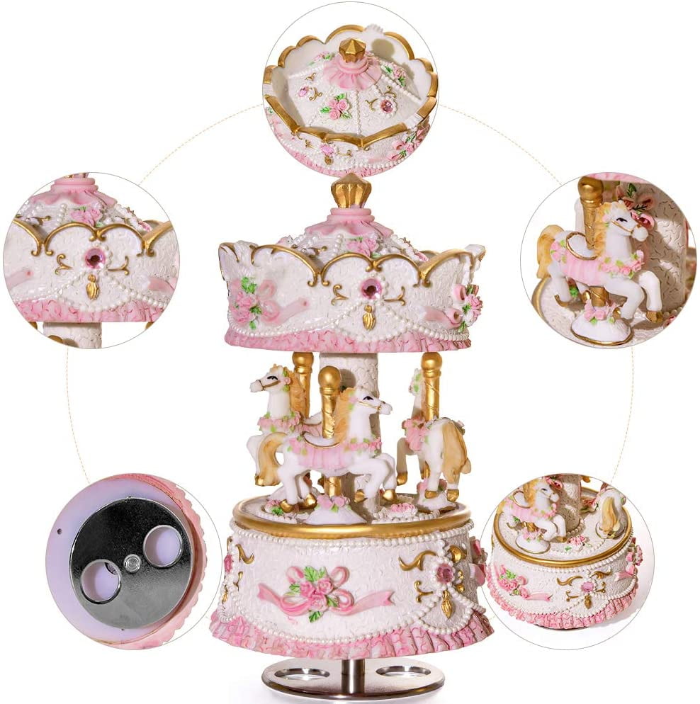 Pink Carousel Snow Globe Birthday Christmas Anniversary Valentine Gift for Women Kids Girl Girlfriend Play Castle in The Sky Mr.Winder Carousel Music Box Daughter Wife Gift