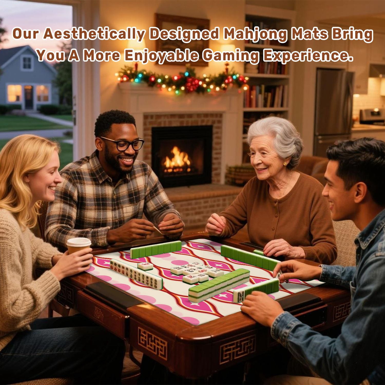 Mahjong Mat 31.5" x 31.5" Retro Pink Orange Geometric Star Accents Non-Slip Noise Reduction American Mahjong Tiles Table Cover for Dominoes Poker Card Board Games Gift