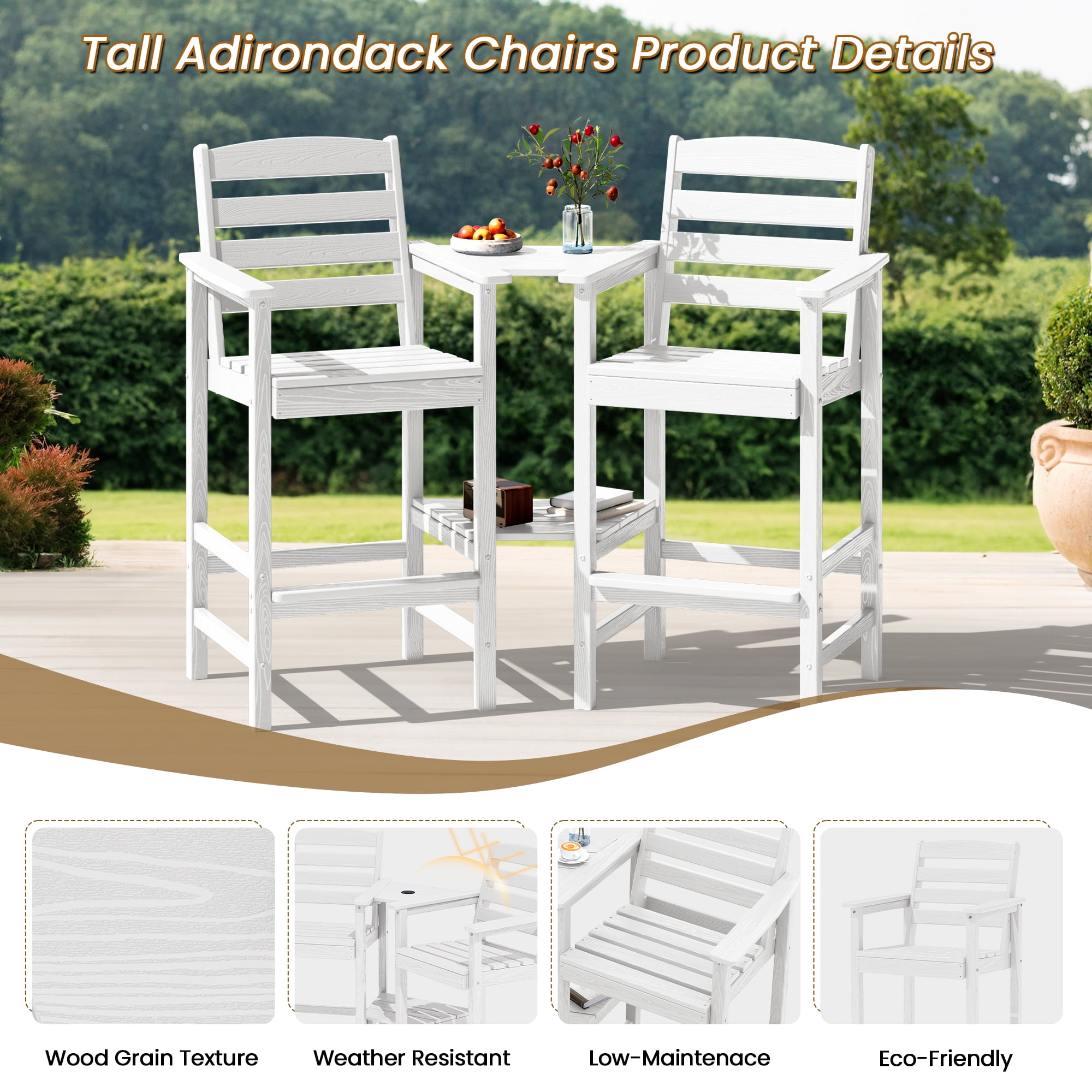 SERWALL Tall Adirondack Chairs Set of 2 with Connecting Table, HDPE Adirondack Outdoor Barstools, White
