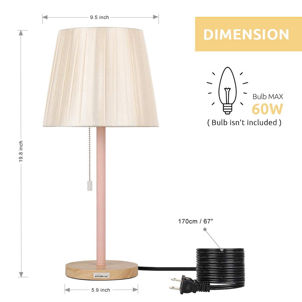 HAITRAL Two White Vintage Wooden Table Reading Lamp Pull Chain Switch