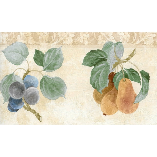 Papier Peint Précollé Bord - Fruits Vert, Beige, Brun, Rouge, Bleu Pomme, Poire, Prune, Cerise Mur Bord Rétro Design, 15 Pi x 7 Po (4,57 M x 17,78 Cm)