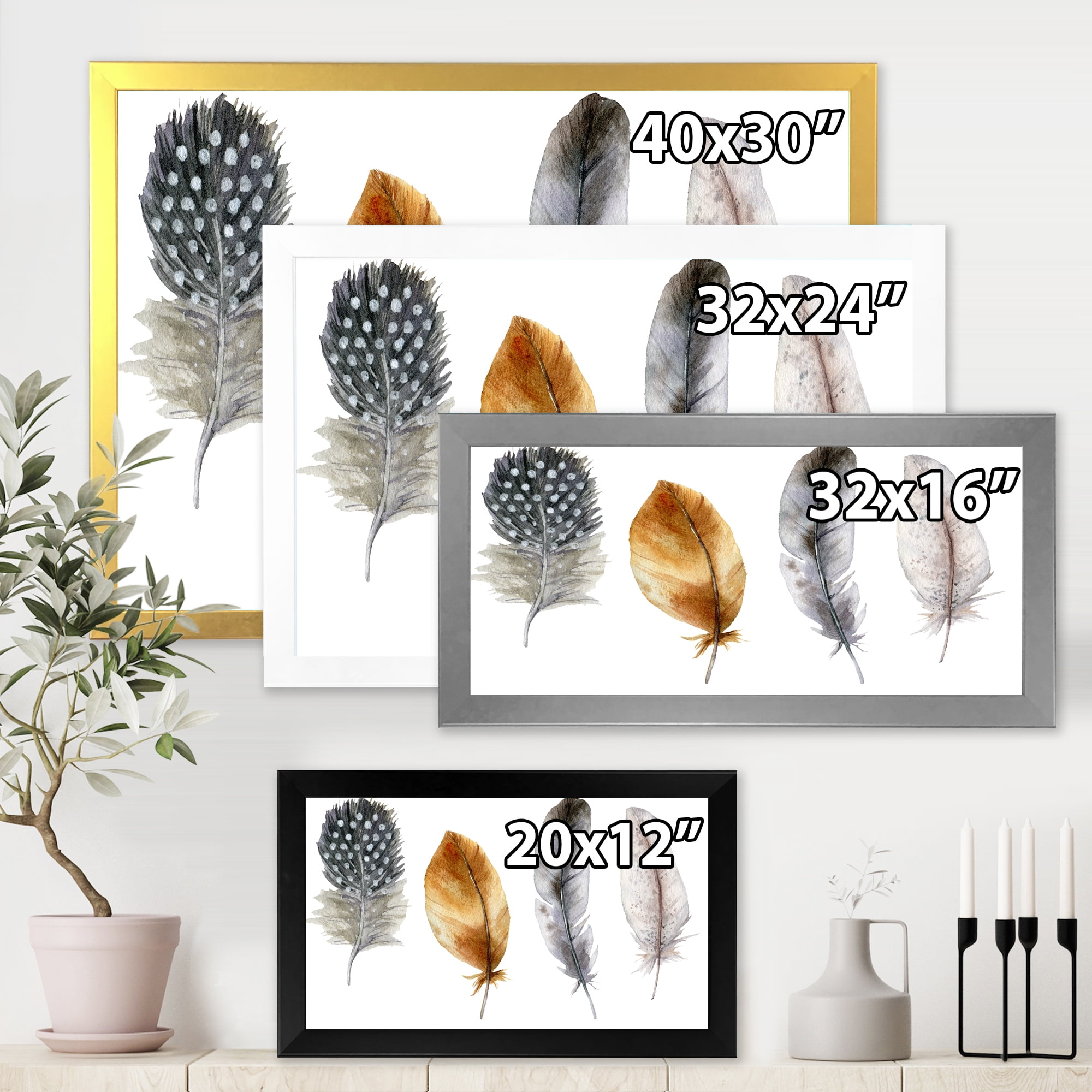 Designart 'Boho Feather In Blue and Orange Striped & Polka Dost' Bohemian & Eclectic Framed Art Print