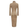 thumbnail image 3 of Women’s Faux Suede Bodycon Dress High Neck Ruched Slim Fit Vintage Midi Dress Color Khaki Size XS, 3 of 5