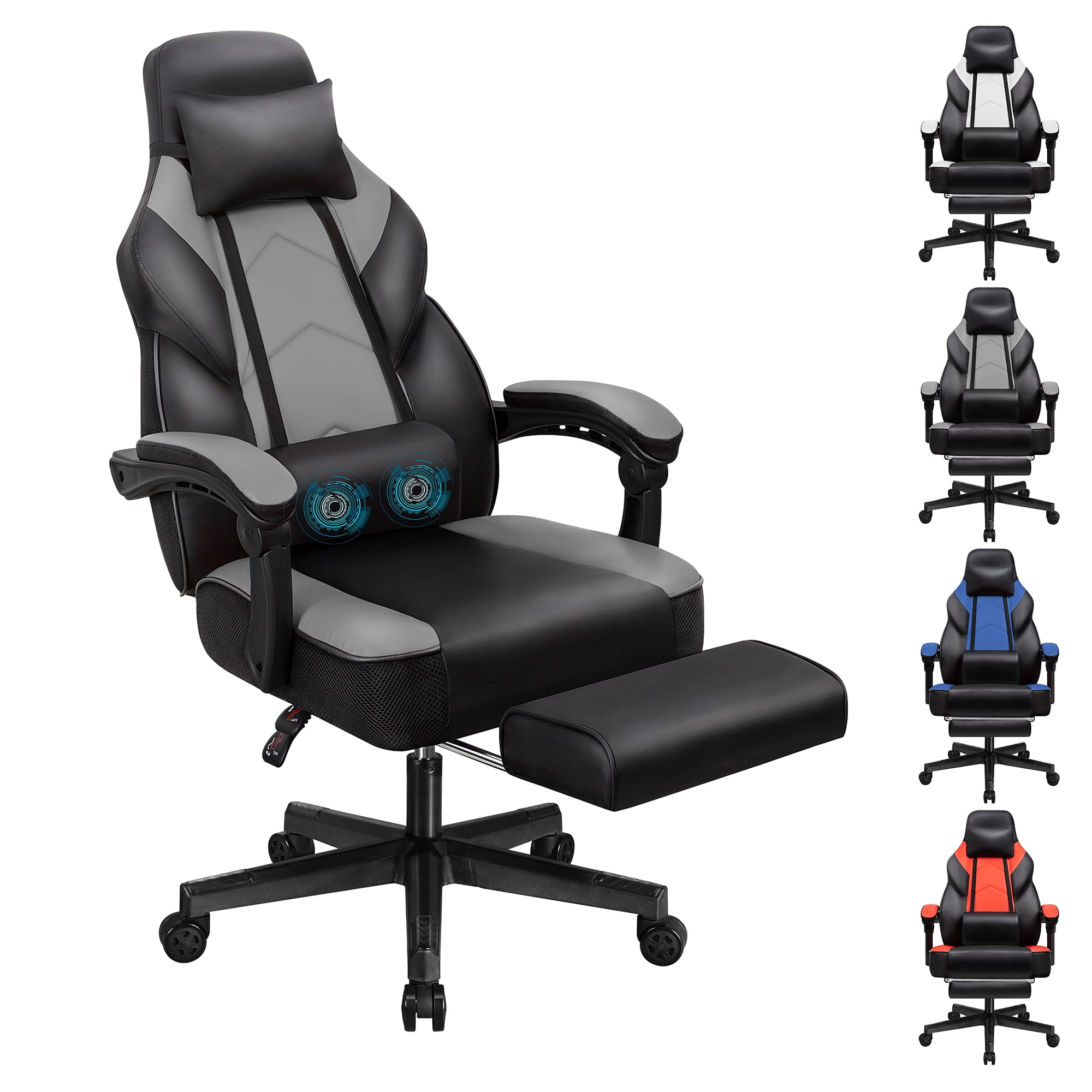 Walsunny Ergonomic Gaming Chair with Adjustable Footrest and Massage Leather Game Chair large gaming chair with Headrest and Lumbar Support for Adults, Gray
