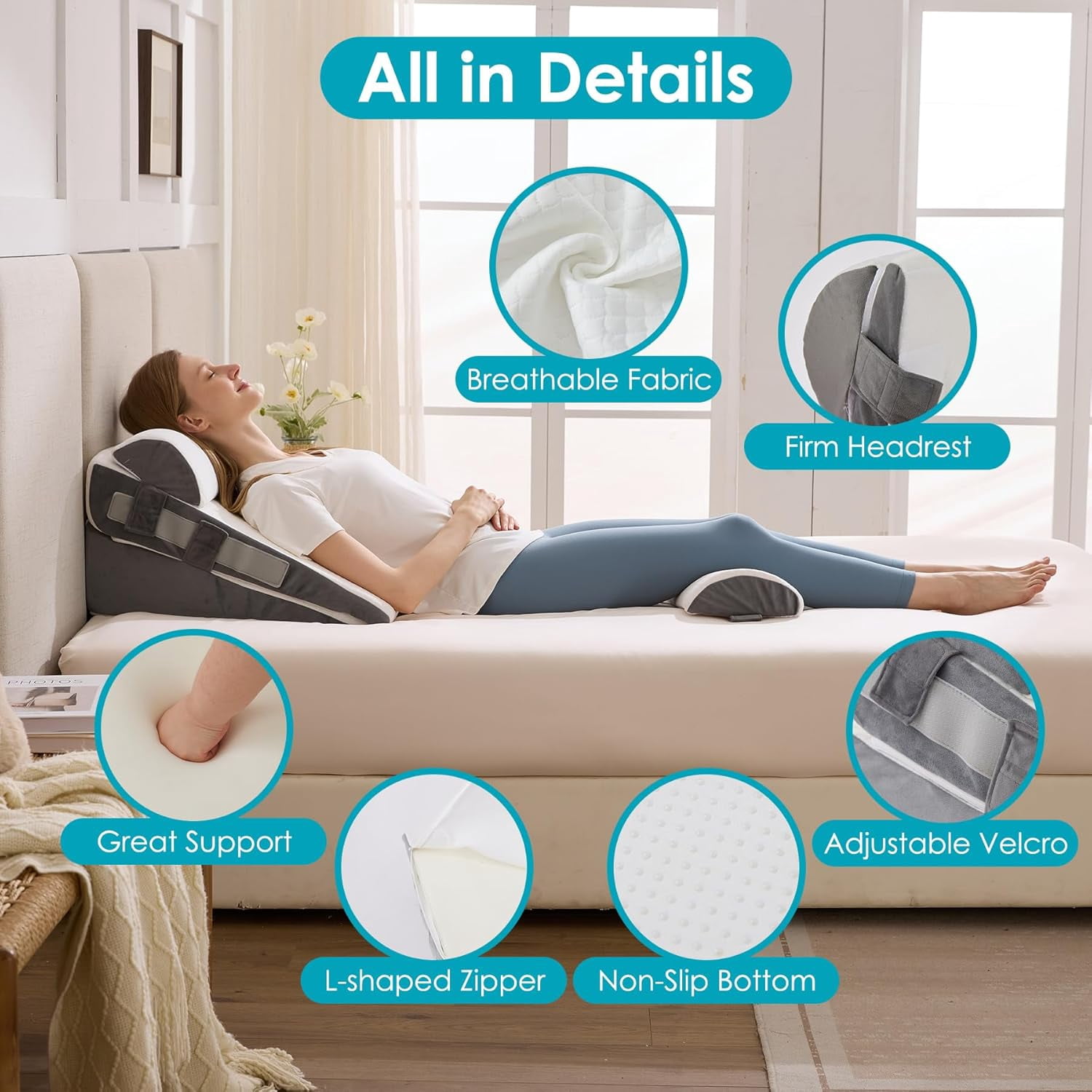 3Pcs Wedge Pillow Set for After Surgery,Acid Reflux Relief, Adjustable Bed Wedge Pillows for Sleeping,Anti Snore, Memory Foam Triangle Pillow for Back&Neck&Shoulder Pain Relief, White&Grey