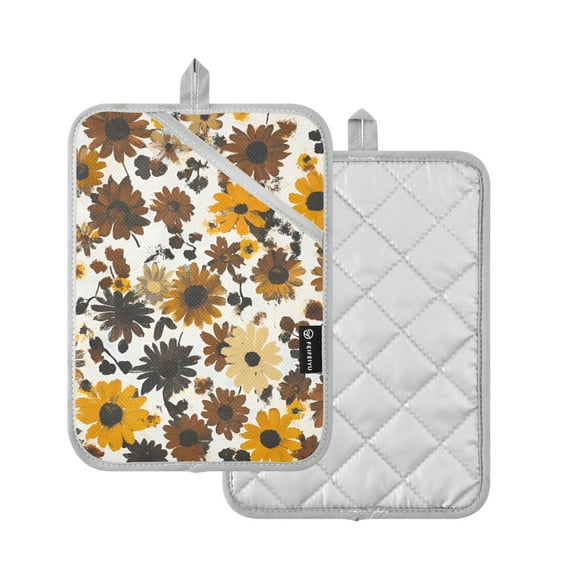 Yayeee Pot Holders Kitchen Heat Resistant with Pocket 7"x9.8" Cotton Oven Cooking Hot Pads, Brown Flowers