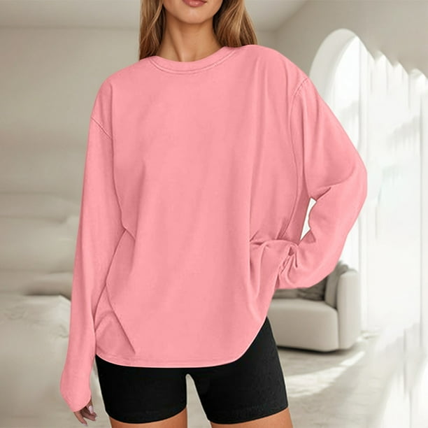 MHFRRA Camiseta de Manga Larga Oversize de Moda, Informal, Básica, con Cuello Redondo, para Uso Diario. Rosa Claro