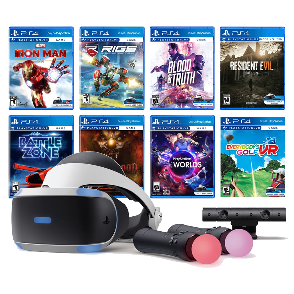 Resident Evil 7, Battlezone, RIGS, Until Dawn, Blood&Truth, Golf, Play Station VR 11-In-1 Deluxe Bundle PS4 & PS5 Compatible: VR Headset, Camera, Move Motion Controllers, Iron Man, VR Worlds