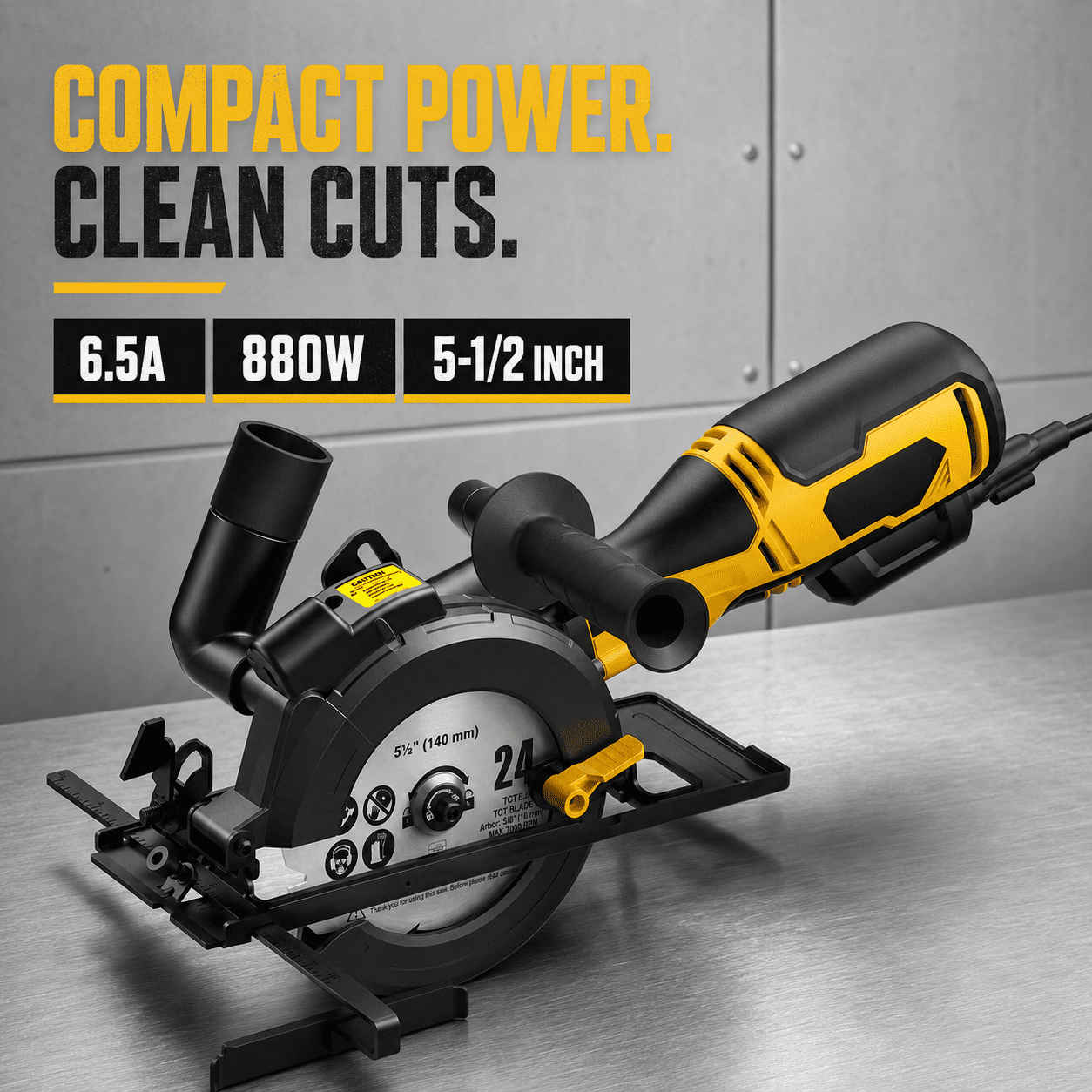 Dexvoria 5-1/2-Inch Circular Saw, 6.5A 880W Corded Mini Saw with Laser Guide, 0–45° Bevel, 2-1/16-Inch Max Cut Depth, 6 Blades and Auxiliary Handle for Wood, Metal, PVC and Tile