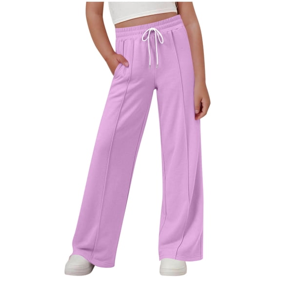CYRBOKO Girls Sweatpants, Casual Elastic Waist Drawstring Lightweight Straight-leg Pants Purple Size 7-8 T