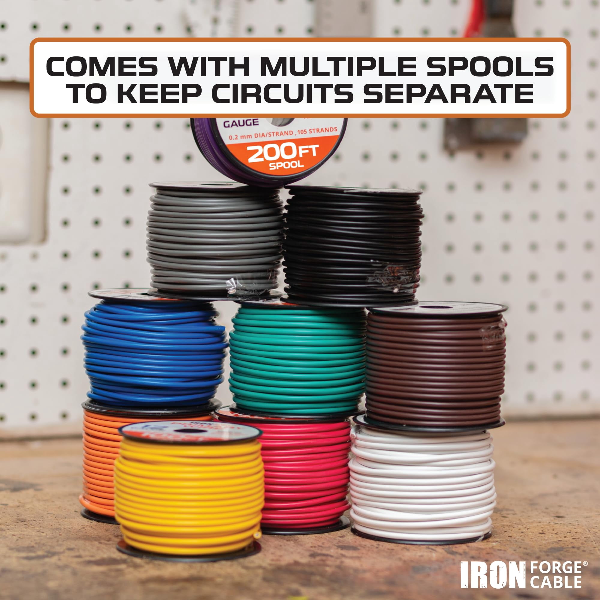 Iron Forge Cable 14 Gauge Primary Automotive Wire - 10 Roll Assortment Pack - 200 Ft of Copper Clad Aluminum Wire per Roll - for Home or Automotive