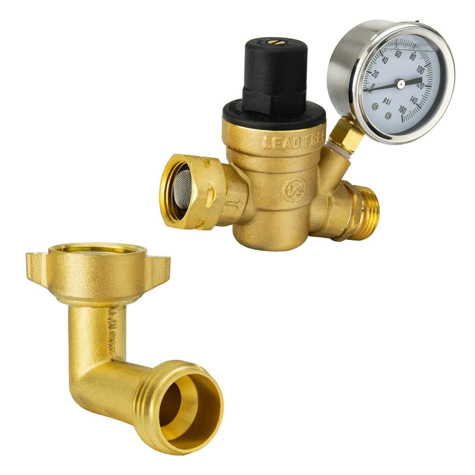 Brass Water Pressure Regulator Valve/90 Degree Elbow Fitting RV Plumbing Hookup 