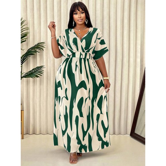 Green Plus Size Women V-Neck Wrap Maxi Dress With Abstract Brushstroke Print Casual Elegant Summer Dress
