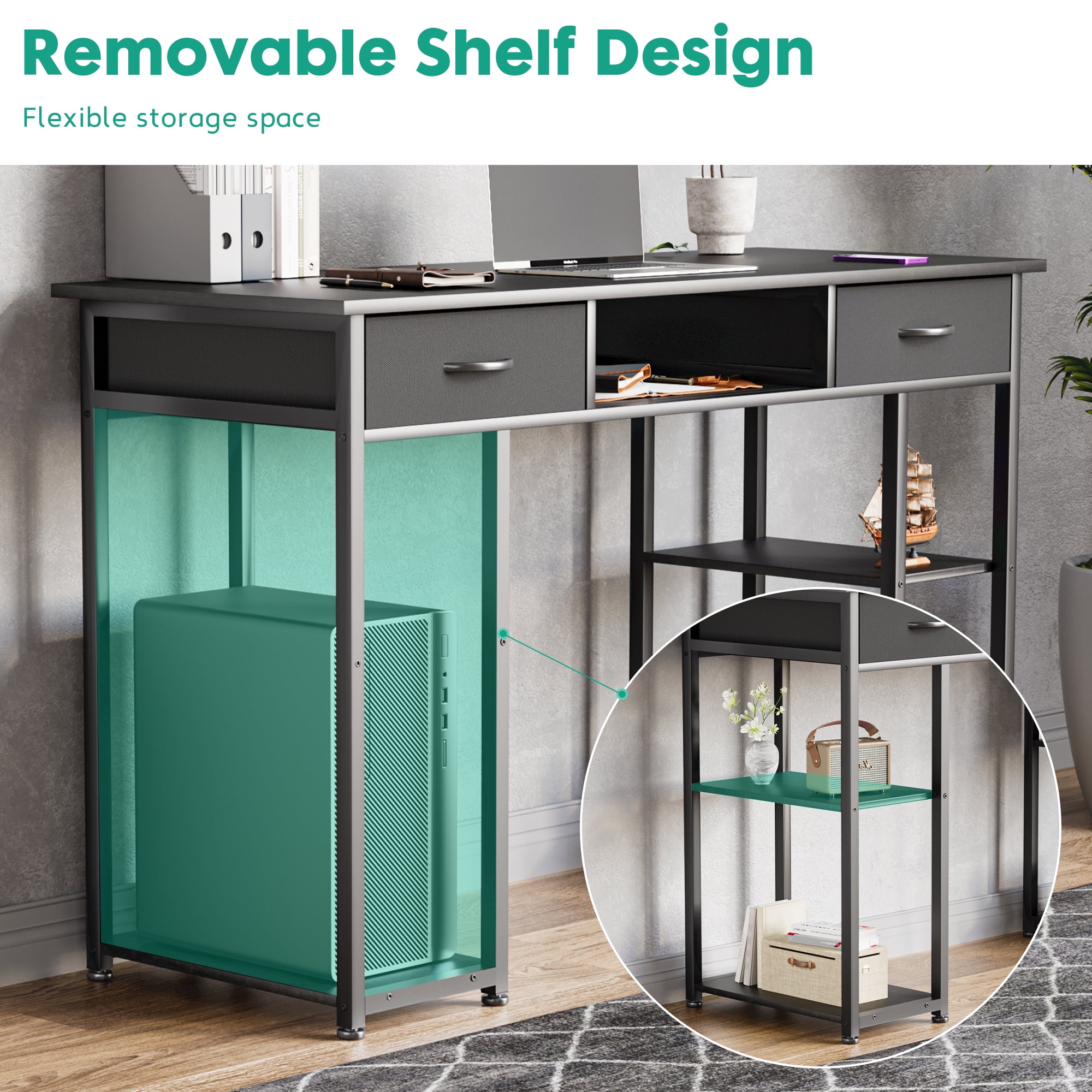 CONCETTA 48 inch Small Desk with Fabric Drawers & Storage Shelves