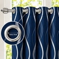 thumbnail image 3 of 100% Blackout Curtains Silver Waves Lines Grommet Thermal Insulated Curtains for Living Room Bedroom Patio Door,NavyBlue,W37 x L84 inch (4 Panels), 3 of 8