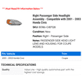 thumbnail image 2 of Right Passenger Side Headlight Assembly - Compatible with 2001 - 2003 Honda Civic 2002, 2 of 2
