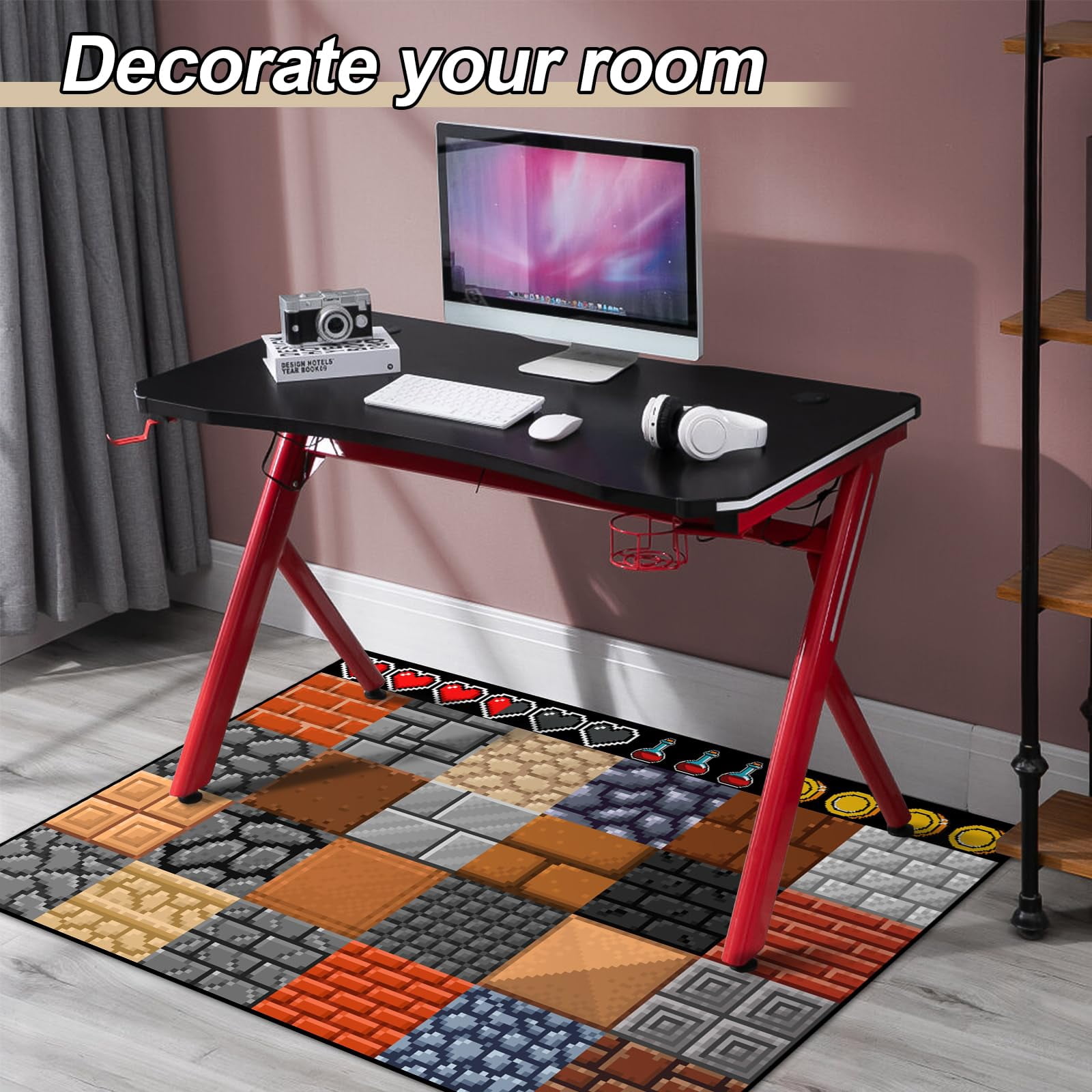 Game Rug Teen Boys Carpet with Wall Pixel Game Element Decoration, 8 Bit Old Game Rugs for Boy’s Bedroom Living Room Playroom, Non-Slip Children Gaming Area Rugs (79" x 59")