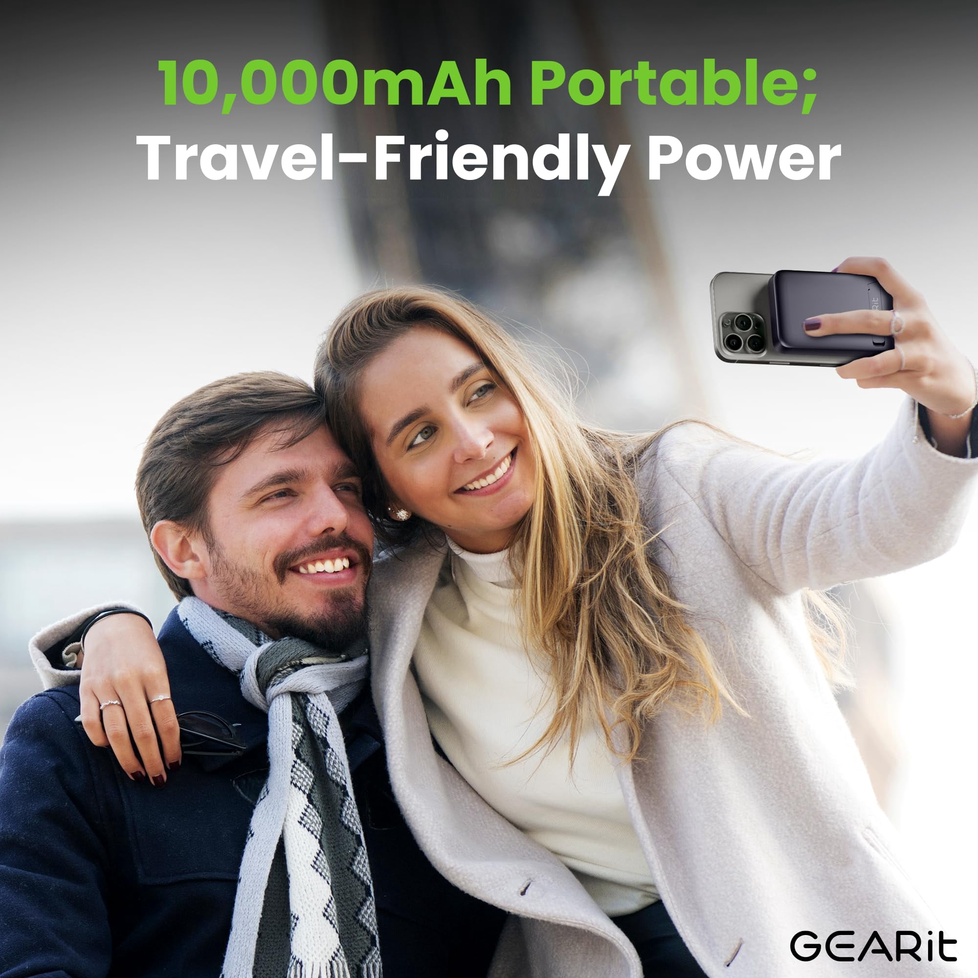 GEARit 10000mAh Qi2 Portable Charger Wireless Power Bank with Built-In USB-C Cable Compact Battery Pack for iPhone & Android