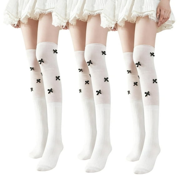 LDU Thigh High Socks for Women,Bow Adorned Youthful Elegant Over the Knee Socks for Daily,date,3-Pair Pack