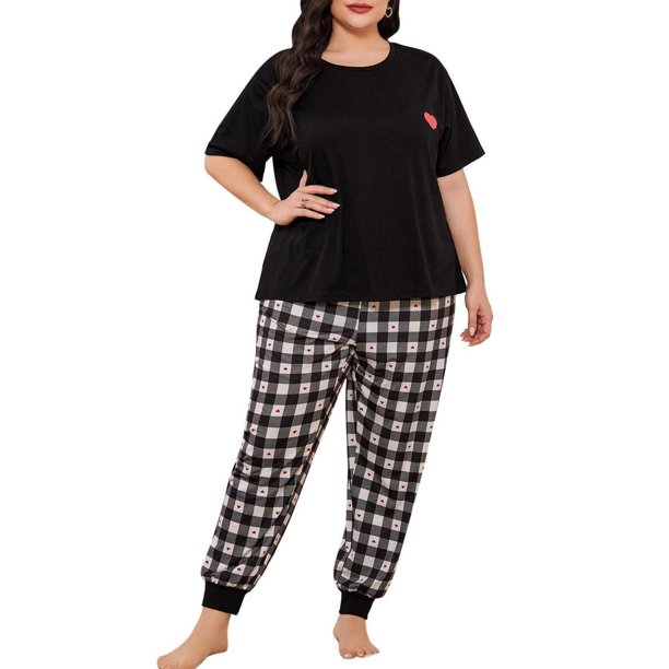 Women's Soft Plus Size Pajama Set Short Sleeve Plaid Jogger Pants ...
