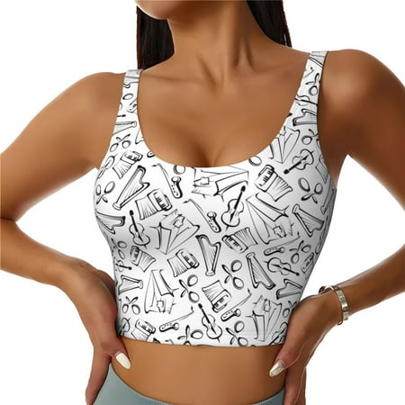 Jgfou Black White Music Print Womens Sports Bra - Padded Workout Sports Bras Crop Tank Top