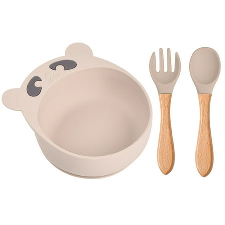 

Sorrowso 3 Pcs Baby Training Feeding Food Bowl Wooden Handle Spoon Fork Set Anti Slip Silicone Suction Dinner Plate Dish Utensil