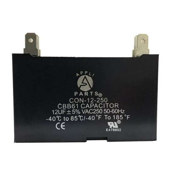 Appli Parts Fan Capacitor 12 mfd (microfarads) uf 250 VAC with 4 Terminal Connections compatible with any brand within the same range of capacitance 2-1/4in Width 7/8in Depth 1-3/4in Height CAP-12-250