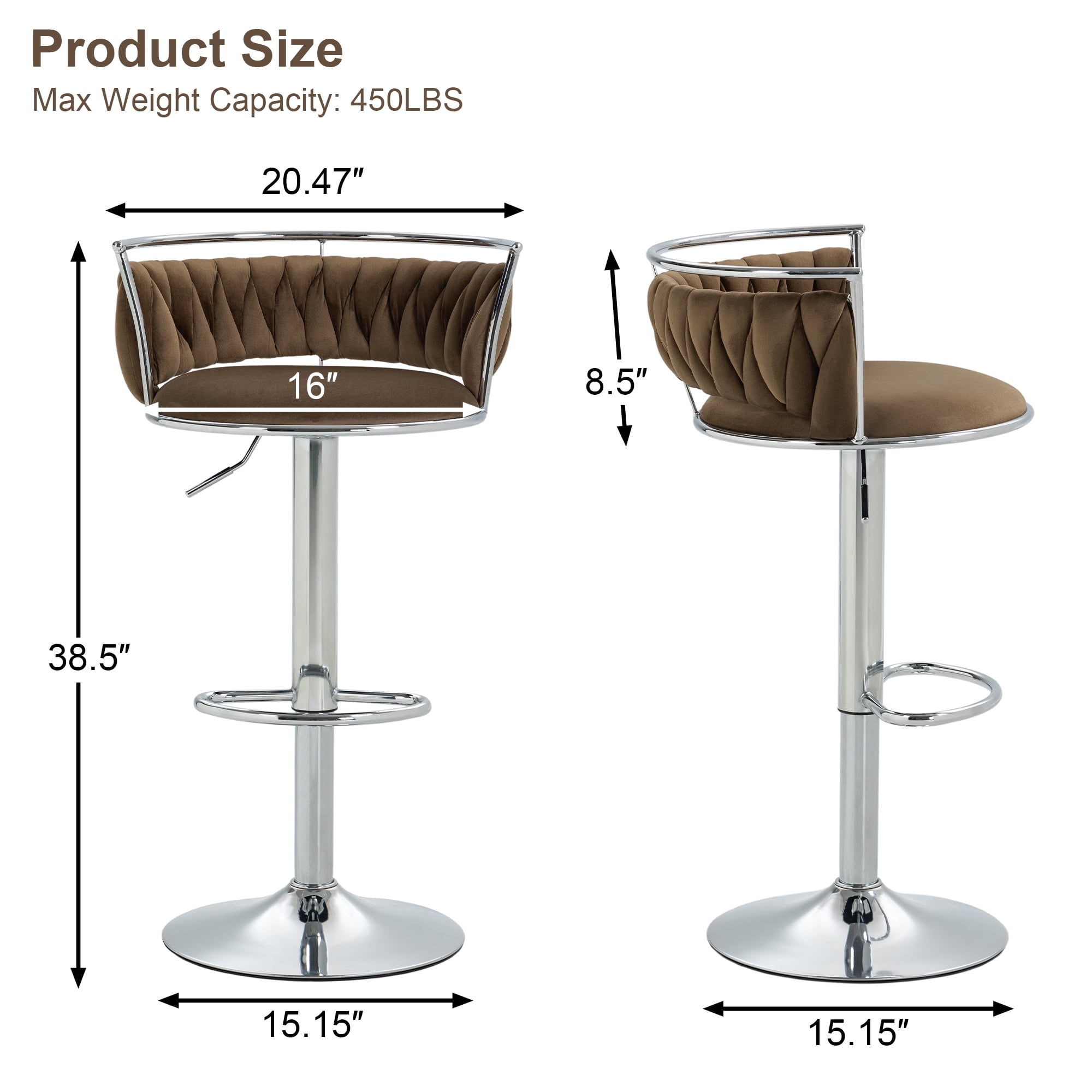 UIXE 360° Swivel Bar Stools Velvet Upholstered Adjustable Bar Chairs Set of 2 Silver Metal Barstool with Back & Footrest for Home and Kitchen, Coffee