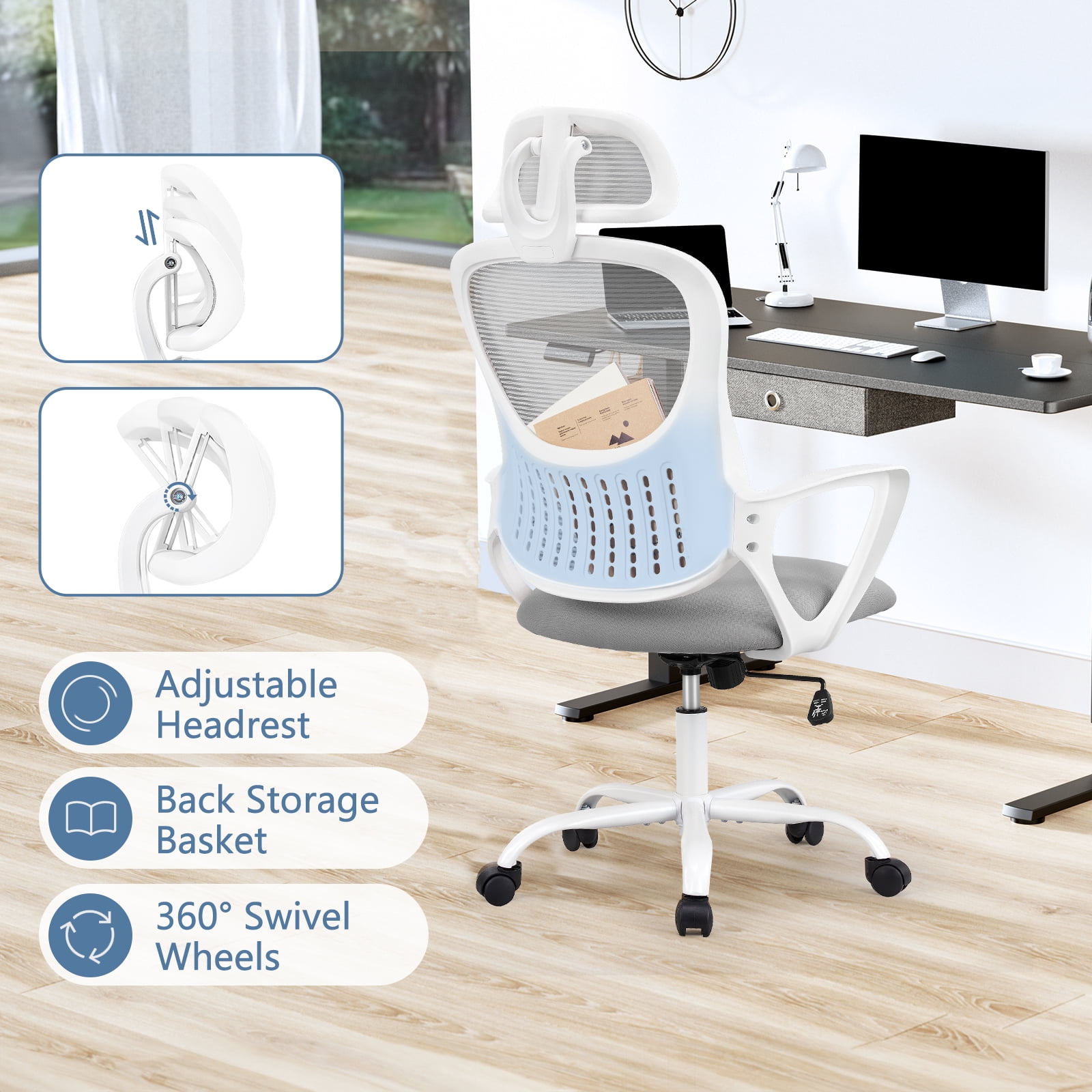 CONCETTA Ergonomic Mesh Office Desk Chair with Adjustable Headrest, Lumbar Support and Fixed Armrests, Gray