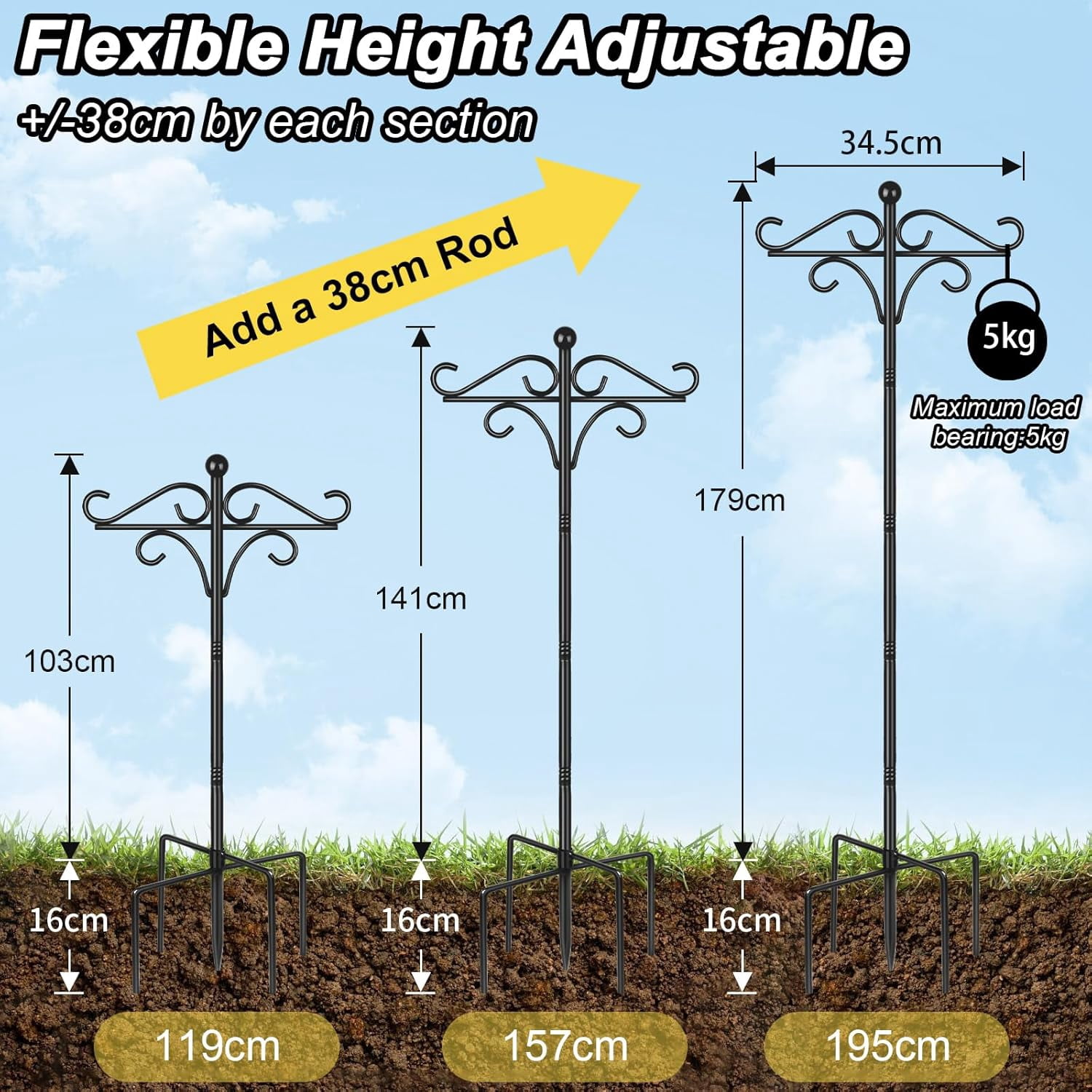 KOLAKO Bird Feeder Pole Stand, 195cm Bird Feeding Station, Heavy Duty Free Standing Shepherd Hook for Outdoor Garden Light Lantern Metal Hanger, Black