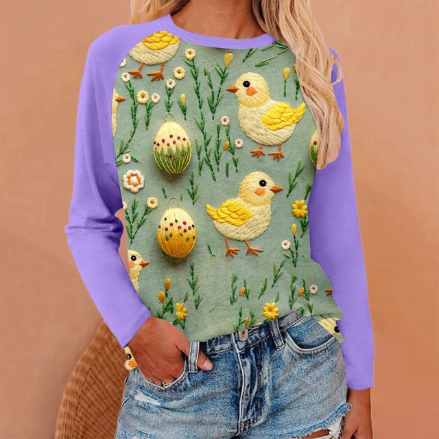 MHFRRA Camiseta Holgada de Manga Larga con Estampado de Pascua para Mujer Púrpura