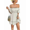 thumbnail image 3 of Women'S Summer Off Shoulder Mini Dress Ruffle Sleeve Elastic Waist Ruffle Hem Cute Beach Elegant Short Dresses Apricot M, 3 of 9