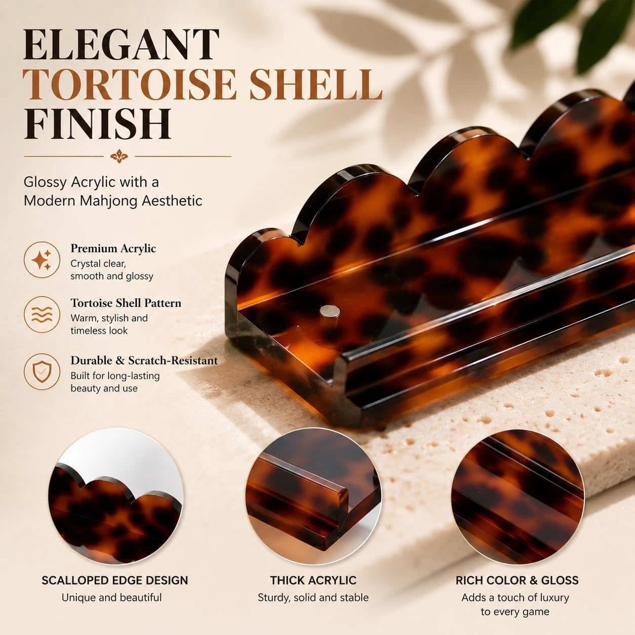 Scalloped Mahjong Racks with Magnetic Pushers, 17.5"/20" Tortoise Shell Acrylic Mahjong Racks 1PCS / Set of 4, Thickened Non-Slip Acrylic American Mahjong Tile Racks