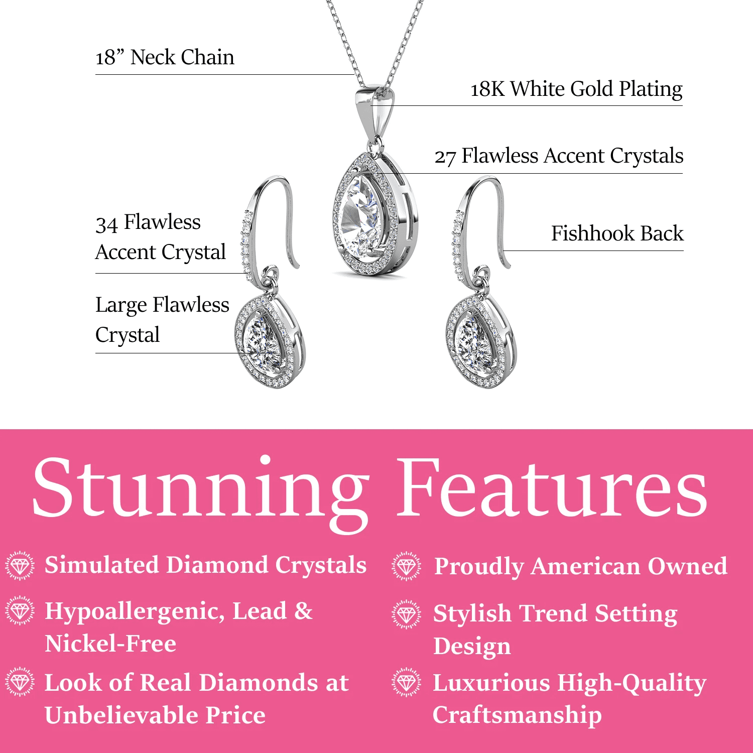 Cate & Chloe Isabel 18k White Gold Plated Drop Jewelry Set with Simulated Diamonds Gift for Women