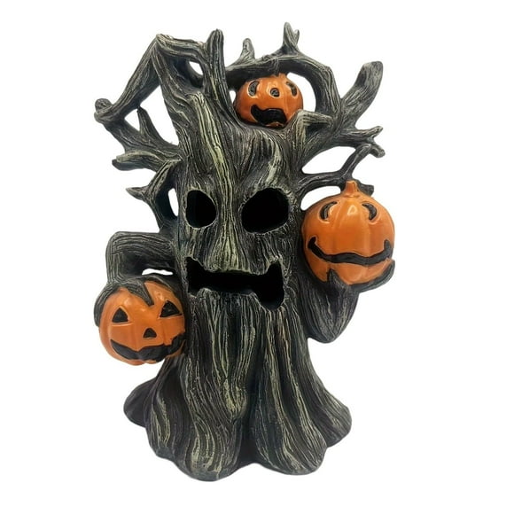 Lighted Tree Decor | Miniature Tall Resin Halloween & Christmas Spooky Tree | LED Indoor/Outdoor With Ghost Face & Pumpkins | Fairy Garden Terrarium Accessory