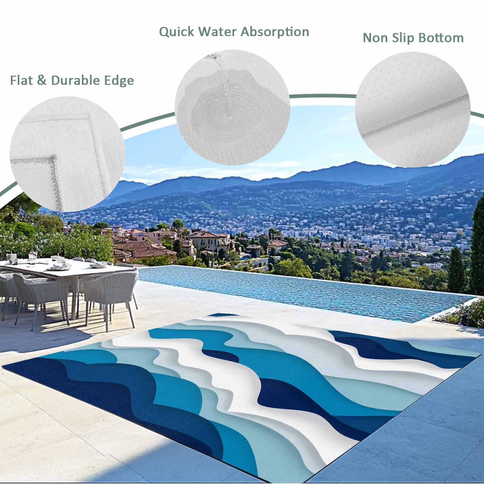Outdoor Rug 3x5 ft Blue White Ombre Sea Wave Outdoor Large Area Rug Non Slip Rubber Abstract Geometric Front Door Mat RV Rug Camping Carpet Patio Outdoor Rugs for Backyard Balcony Deck Porch Indoor