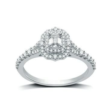 3/4 CTTW Lab Grown Diamond Emerald Shape Solitaire Halo Engagement Bridal Ring in Sterling Silver