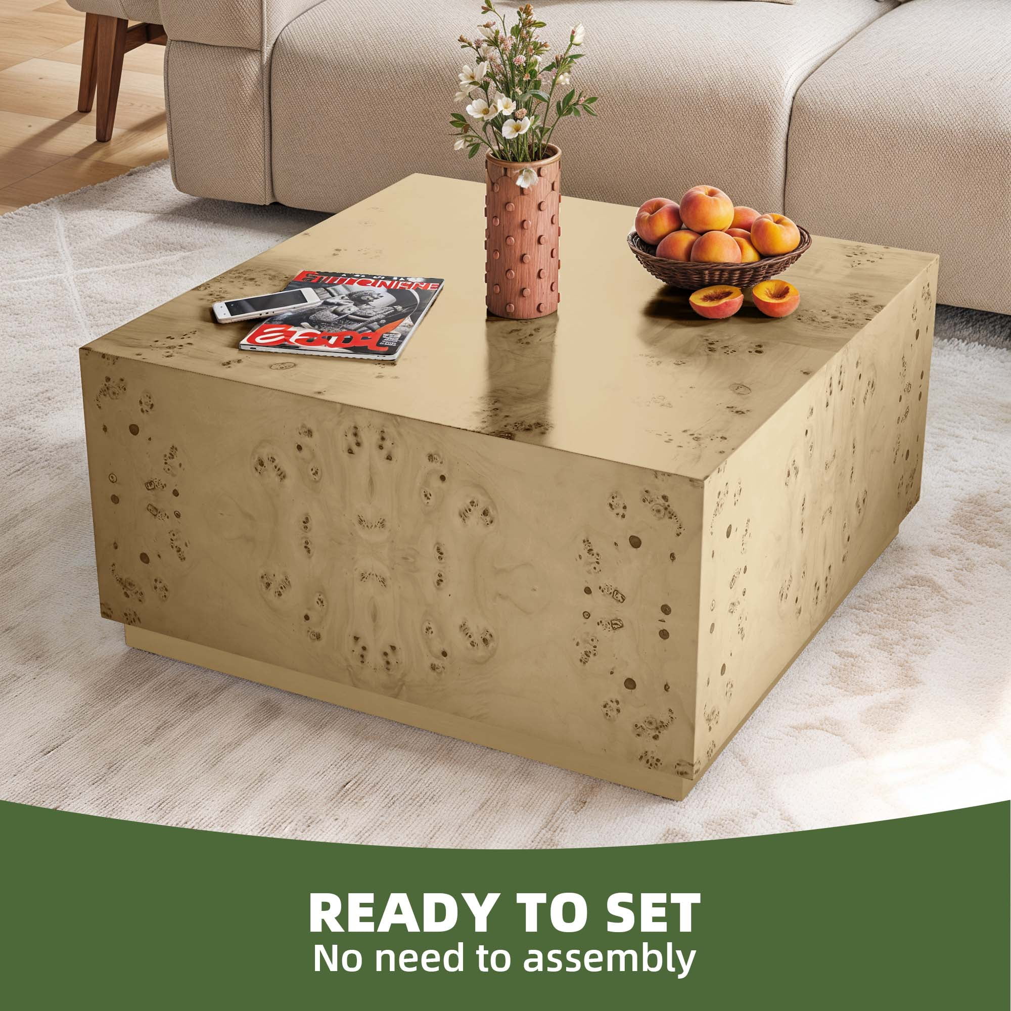 Uforic Minster Square Coffee Table, Exquisite Burl Wood Craftsmanship, Unique Grain Patterns, Modern Aesthetic, Spacious Surface, and No Assembly Required
