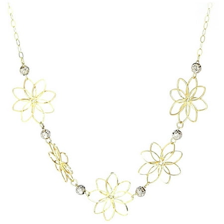 American Designs Jewelry 14kt White and Yellow Gold Two-Tone Diamond-Cut Flower and Bead/Ball Station Necklace, 18
