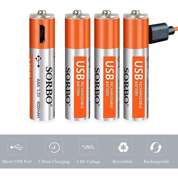 Batteries AAA - Piles Rechargeables Triple un Lithium - Port de Charge  Micro USB, 1.5V/ 400mAh, Préchargé, 1000 