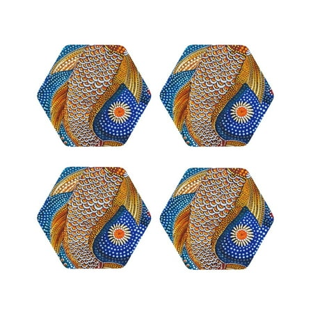 

Junzan Colorful Dot Art Fish Print Coasters for Drinks - Leather Coasters Set of 4 for Coffee Table for Housewarming/Kitchen/Bar/Decor-Hexagon