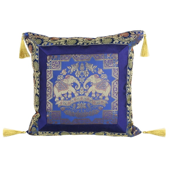 Stylo Culture Indian Brocade Decorative Throw Pillow Sham Cover Dark Blue Gold 18x18 Jacquard Tassels Sofa Cushion Cover 45 x 45 cm Polydupion Silk Zippered Elephant Square Pillow Case | 1 Pc