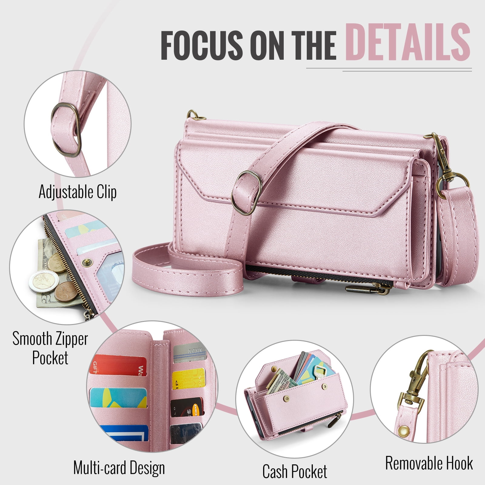 Compatible with Samsung Galaxy S24 FE 5G Zipper Wallet Phone Case Tempered Glass Screen Protector Crossbody Lanyard Strap Flip Card Holder Slot Cell Cover for S 24 EF AI S24FE 24S Women Rose Gold