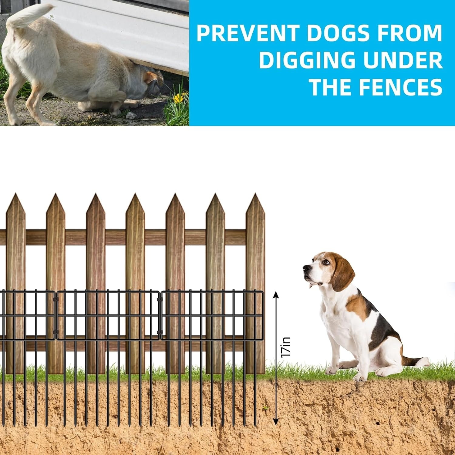 25 Panels Garden Fencing Animal Barrier, 17in (H) X 27ft (L) Dog Dig Fence Barrier, 1.25in Gap Rustproof Metal Stakes Decorative Garden Fence, Ground Defense Border Fence for Outdoor, Yard, Patio