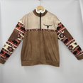thumbnail image 2 of Men's Western Wool Jacket Denim Bull Head Print Pullover 1/4 Zipper Stand Collar Long Sleeve Sweatshirt,L,brown, 2 of 6